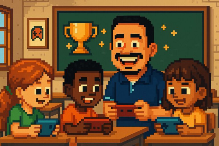 Professor sorrindo com alunos jogando no estilo pixel art, representando gamificação na educação.
