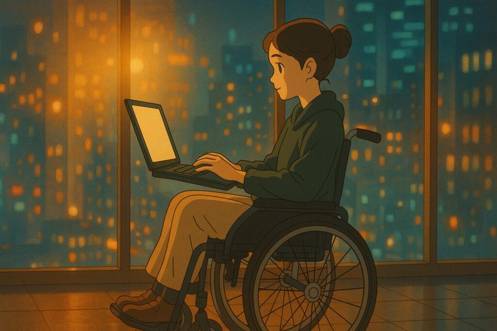 Estudante em cadeira de rodas usando laptop em ambiente urbano noturno, representando inclusão digital com IA.