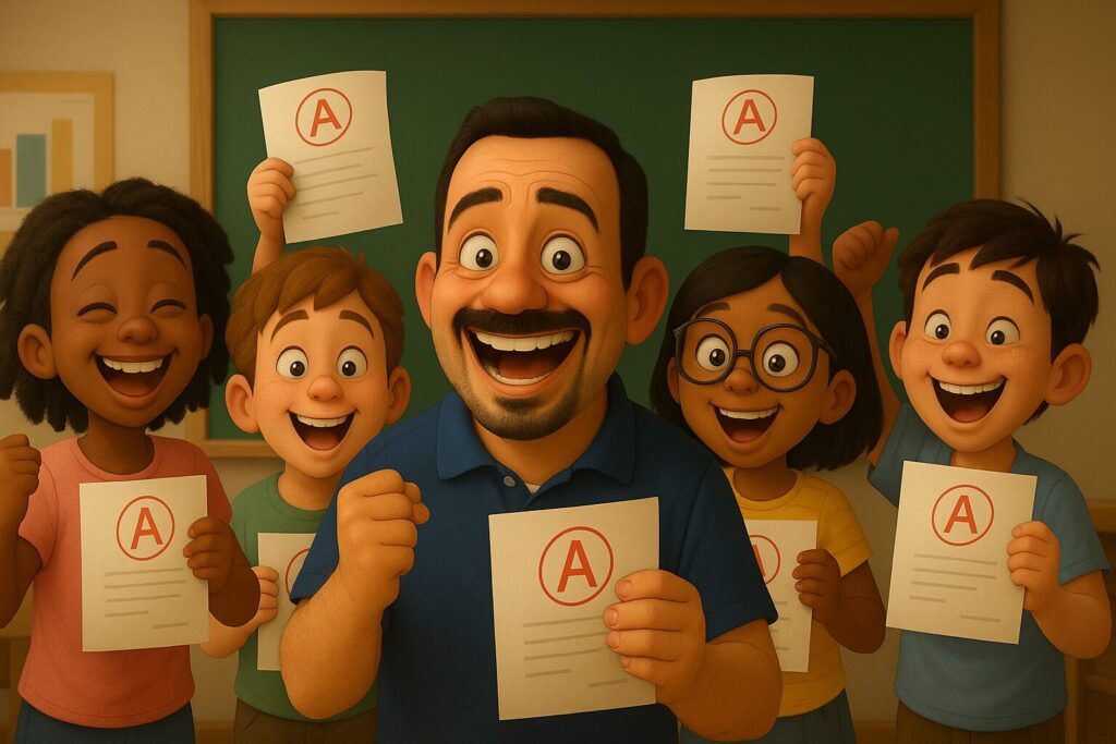 Professor feliz com alunos mostrando provas com nota A, representando o sucesso da avaliação com apoio da IA.
