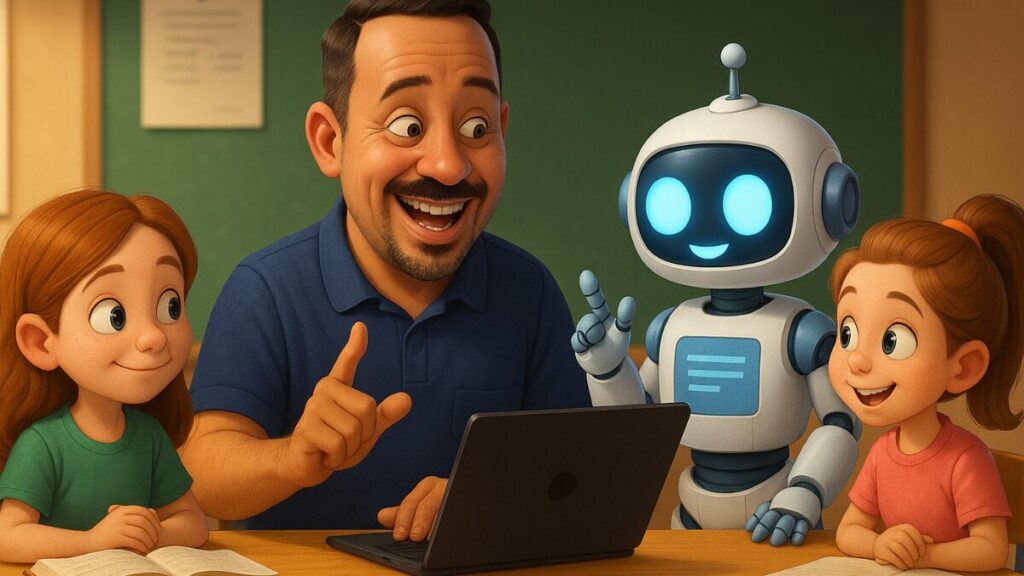 Professor ensinando duas crianças com o auxílio de um robô, representando o uso da inteligência artificial na educação.