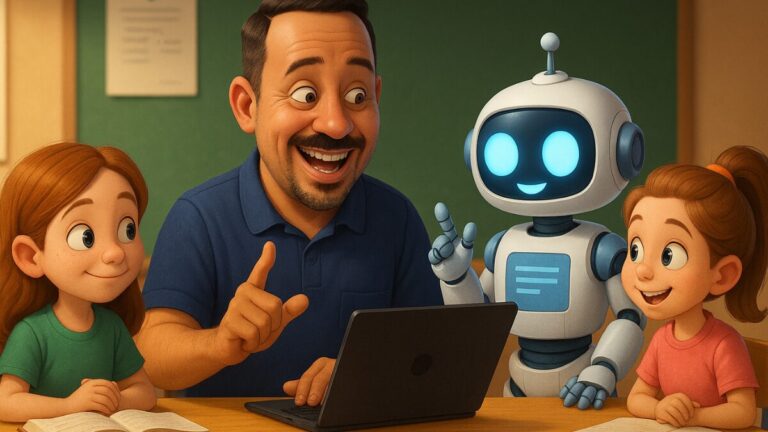 Professor ensinando duas crianças com o auxílio de um robô, representando o uso da inteligência artificial na educação.