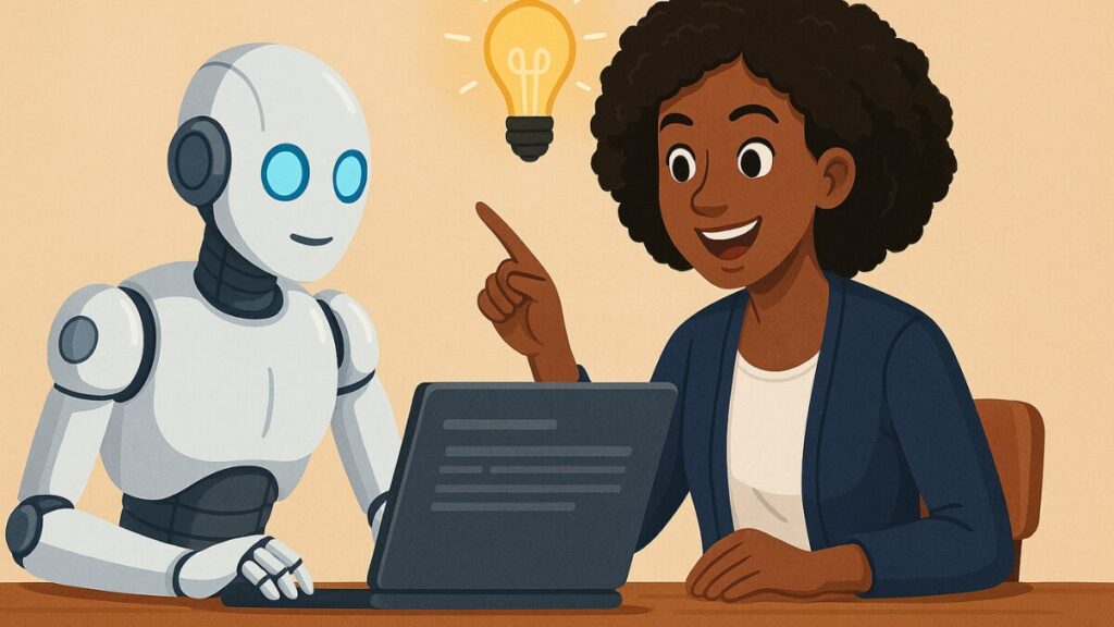 Professora utilizando inteligência artificial com robô assistente em sala de aula, simbolizando inovação no ensino.