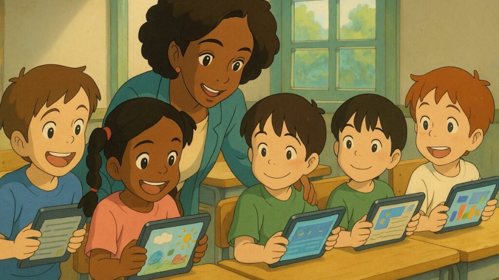 Professora orientando alunos com tablets em sala de aula, representando a personalização do ensino com inteligência artificial.