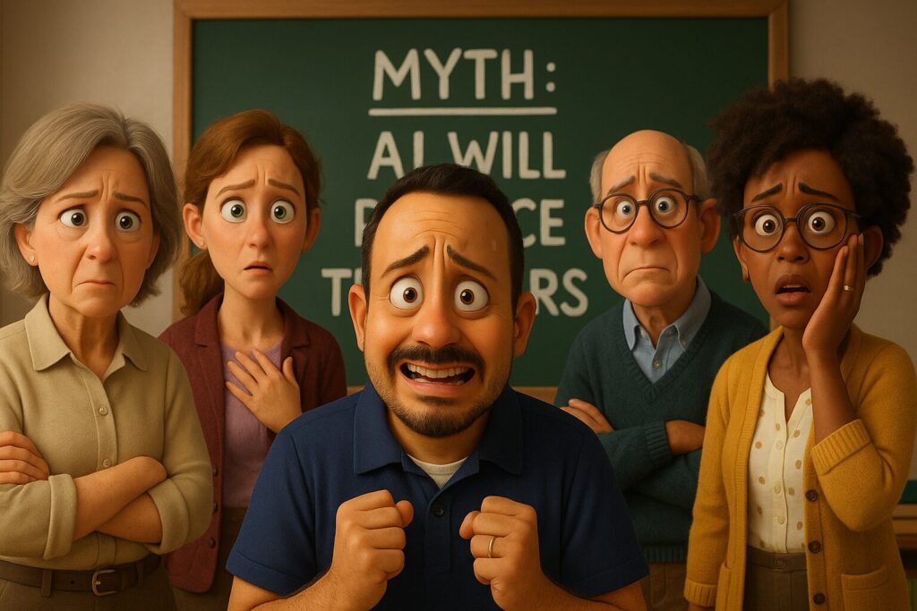 Grupo de professores preocupados diante de um quadro com a frase "Myth: AI will replace teachers"