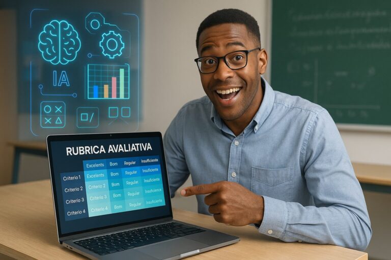 Professor com laptop exibindo rubrica avaliativa gerada com IA