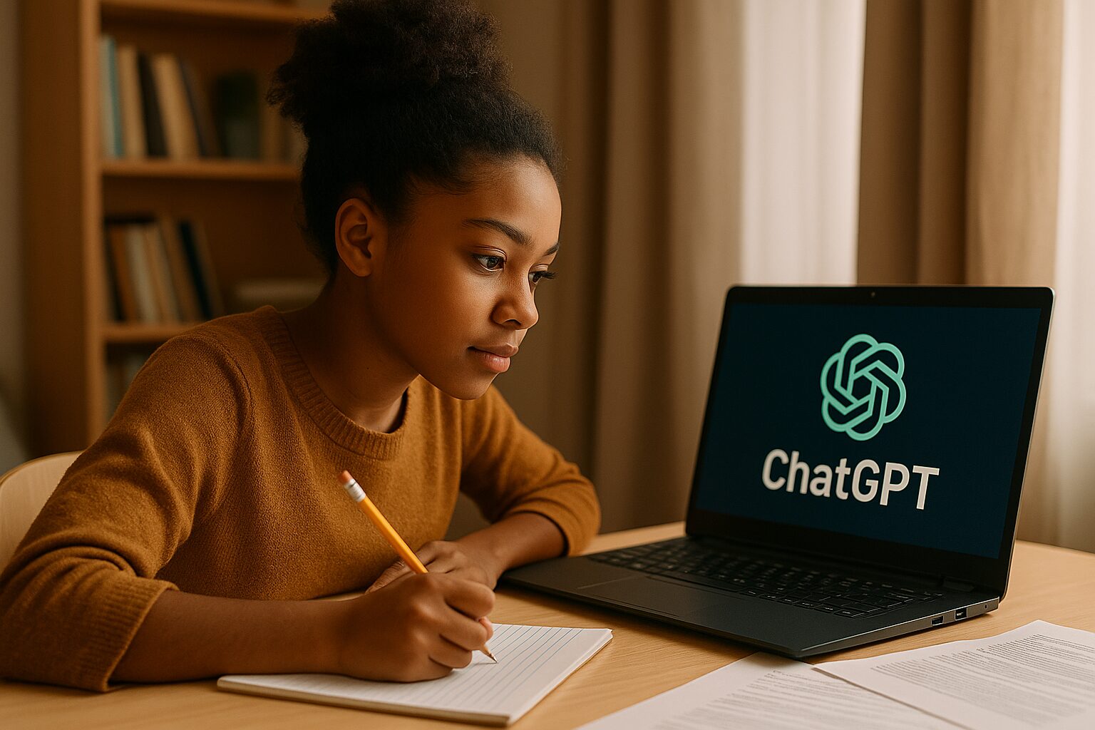 Estudante escrevendo com notebook aberto exibindo ChatGPT, representando o uso de IA para aprender redação