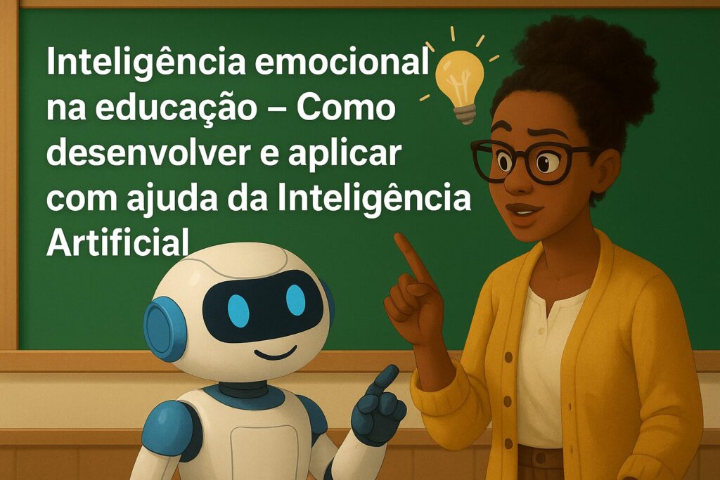 Professora apontando para lousa com robô ao lado e texto sobre inteligência emocional na educação