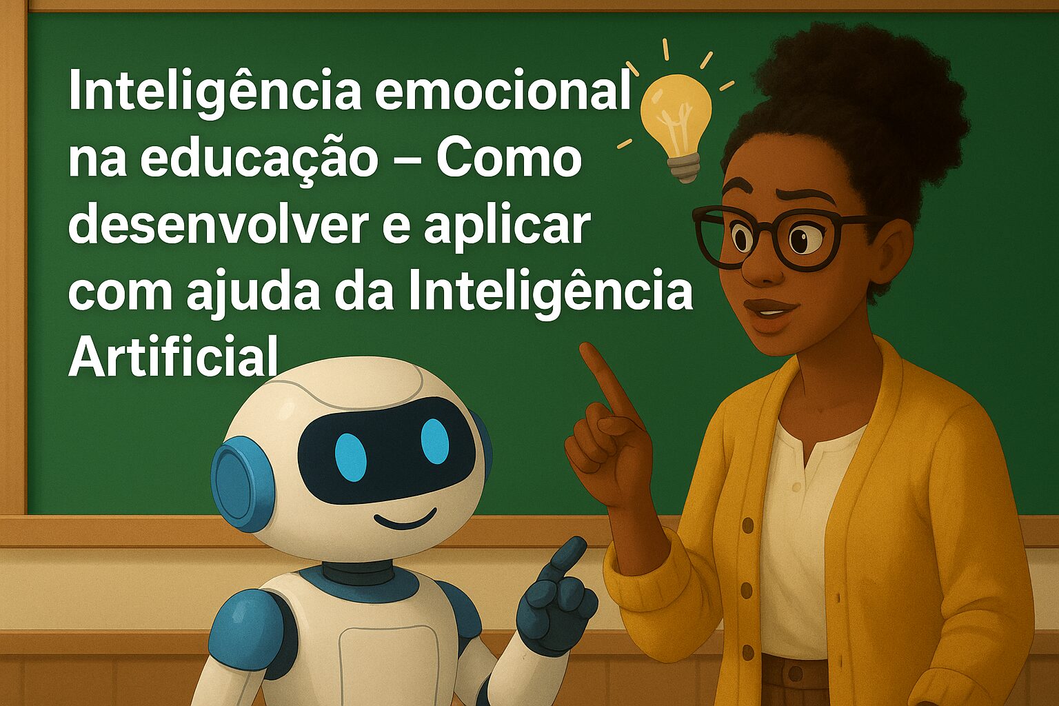 Professora apontando para lousa com robô ao lado e texto sobre inteligência emocional na educação