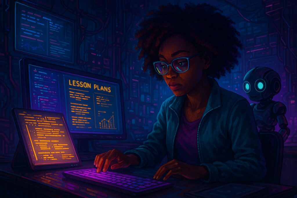Professora negra planejando aulas com IA em um ambiente tecnológico.