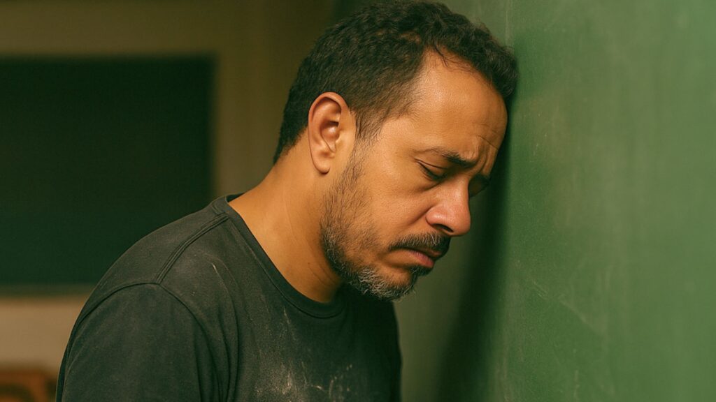 Professor cansado encostado em uma lousa, simbolizando o desgaste e a necessidade de alívio e renovação com IA