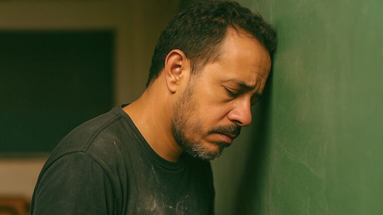 Professor cansado encostado em uma lousa, simbolizando o desgaste e a necessidade de alívio e renovação com IA
