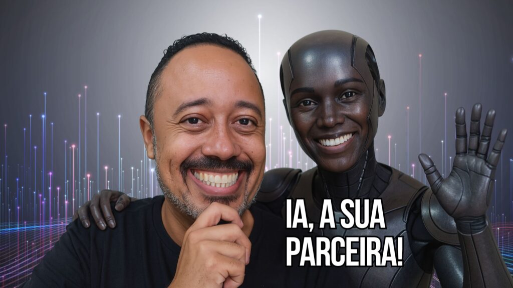 Professor sorridente ao lado de uma inteligência artificial humanizada, simbolizando parceria entre educação e tecnologia