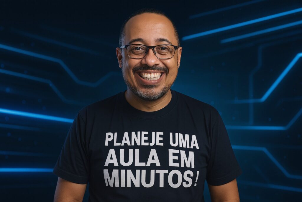 Professor sorrindo com camiseta “Planeje uma aula em minutos” sobre fundo tecnológico