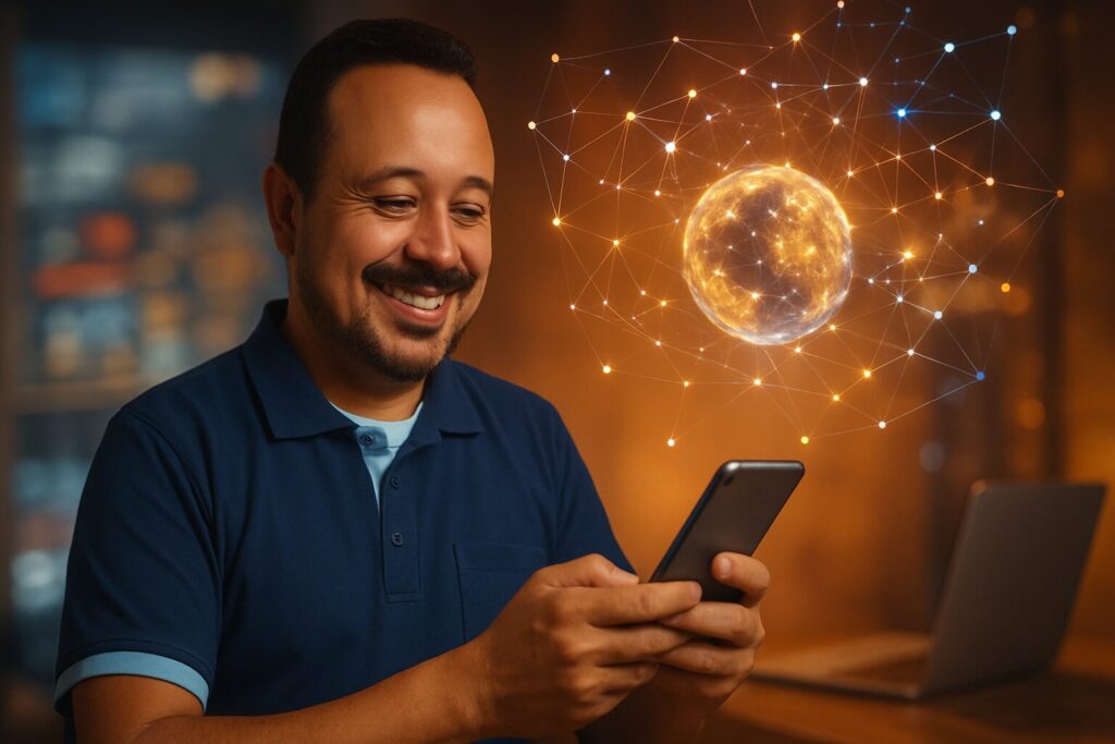 Professor usando o Google Gemini no celular com conexões digitais brilhantes.