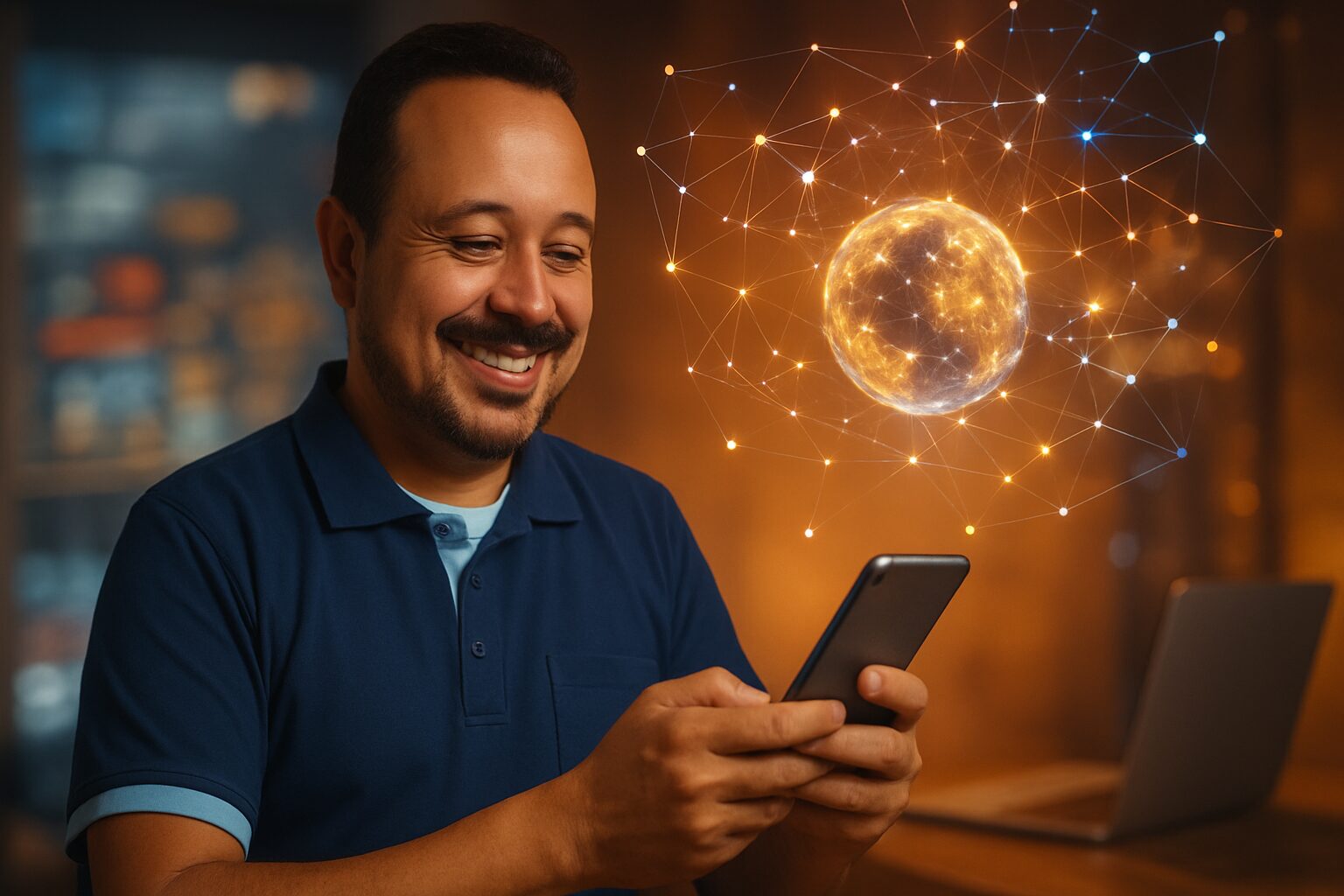 Professor usando o Google Gemini no celular com conexões digitais brilhantes.