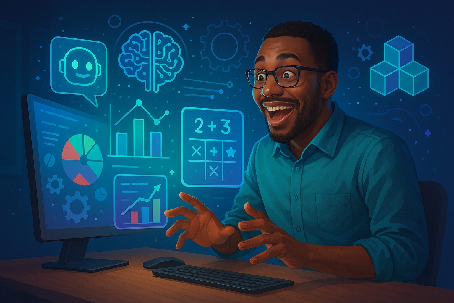 Professor animado criando materiais interativos com IA em um computador