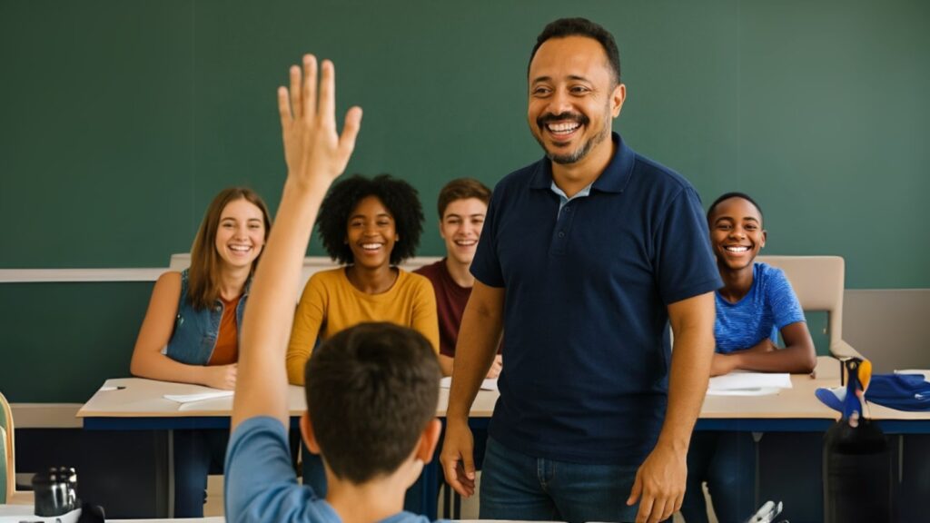 Professor sorridente em sala de aula, conectado ao mundo real com uso de IAs e PBL