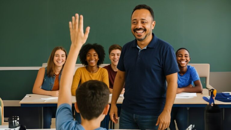 Professor sorridente em sala de aula, conectado ao mundo real com uso de IAs e PBL