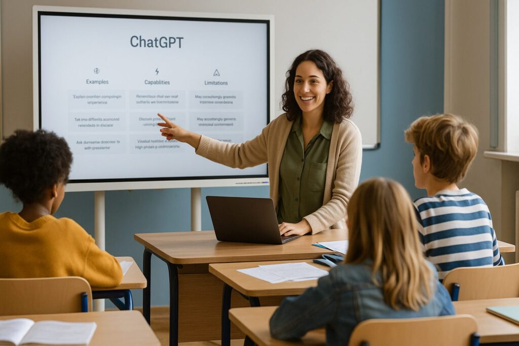 Professora ensinando ChatGPT em sala de aula para crianças