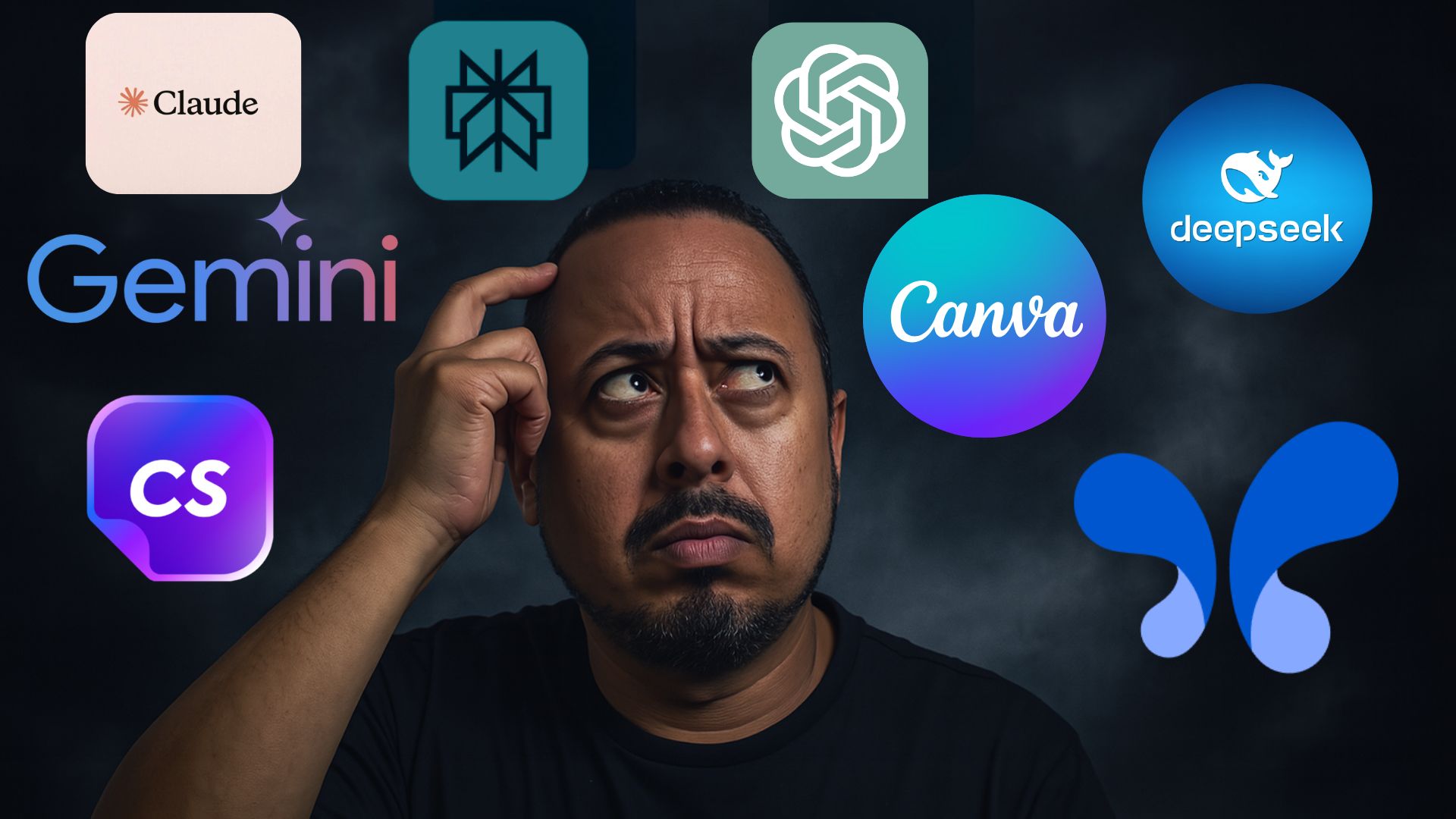 Professor pensativo cercado por logos de ferramentas de inteligência artificial como ChatGPT, Canva e Google Gemini