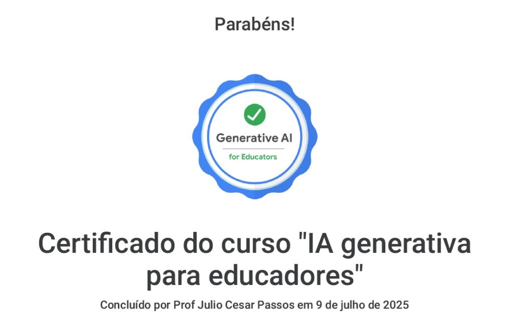 Certificado do curso de IA generativa para educadores do Google