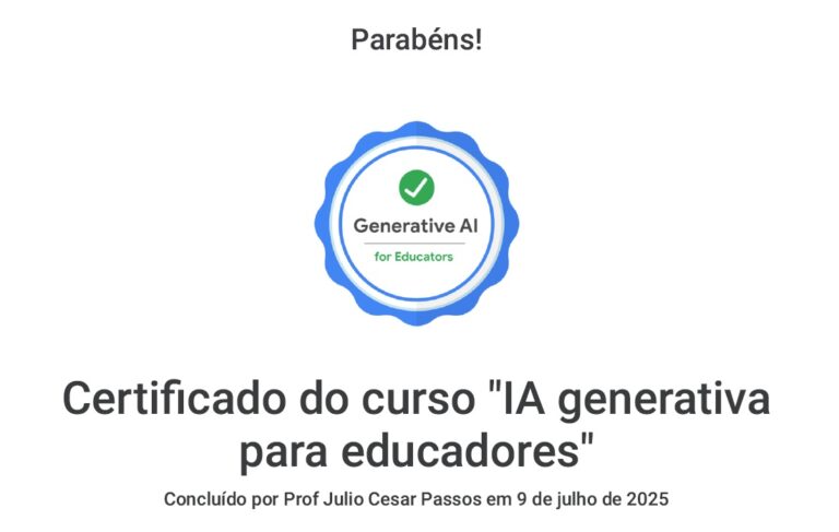 Certificado do curso de IA generativa para educadores do Google