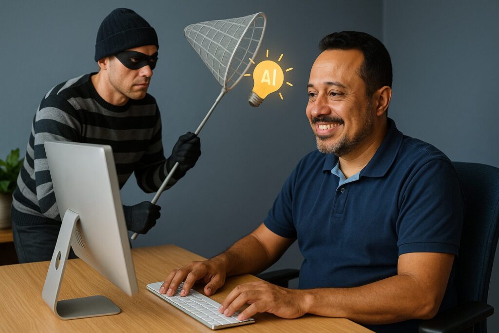 Professor sorrindo ao usar IA no computador enquanto um ladrão tenta roubar sua ideia com uma rede