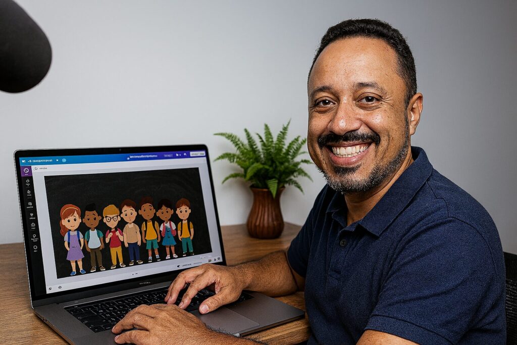 Professor sorrindo ao editar imagem de alunos no Canva com IA