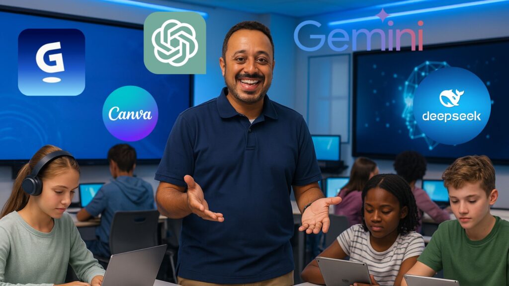 Professor com alunos em sala de aula digital usando ferramentas de inteligência artificial