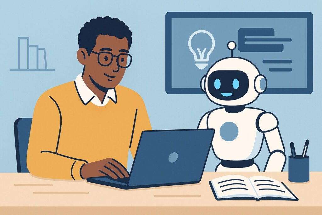 lustração de professor utilizando IA no computador ao lado de um robô sorridente