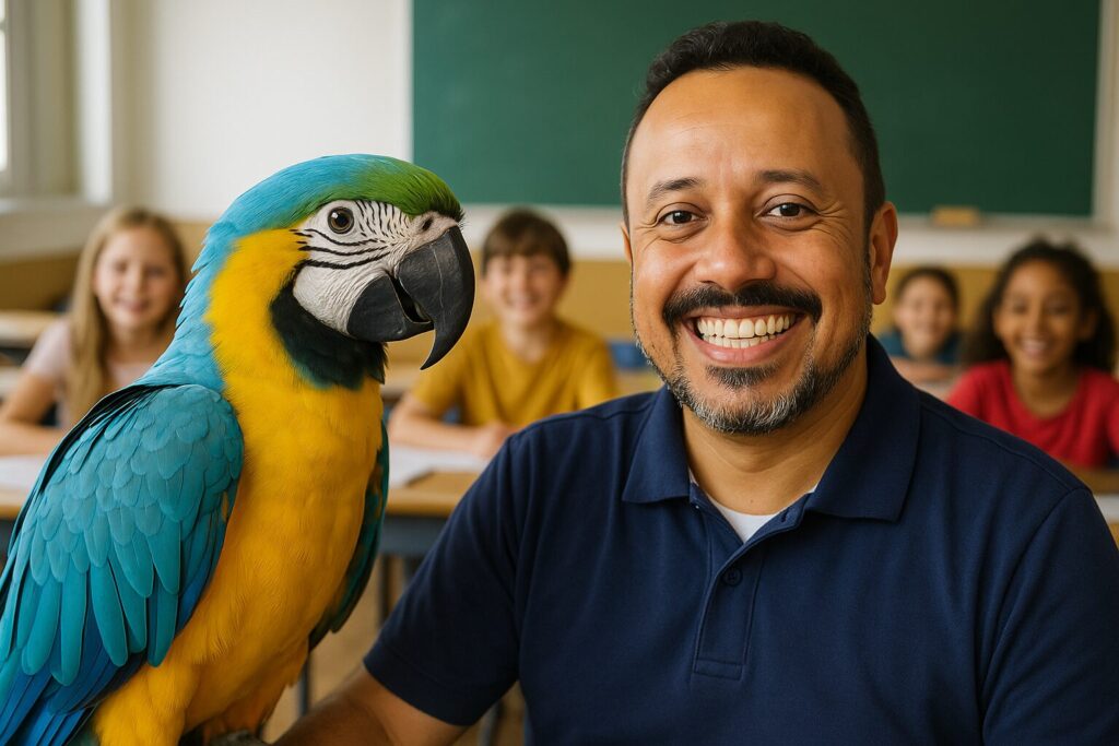 Professor Julio Passos sorridente com papagaio em sala de aula ao lado de alunos