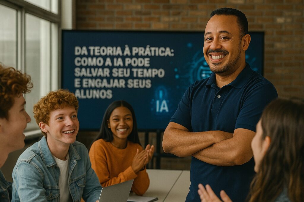 Professor sorrindo com camiseta “Planeje uma aula em minutos!” sobre fundo tecnológico azul