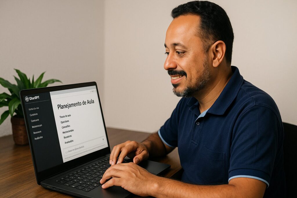 Professor usando IA para planejar aula com ChatGPT no notebook