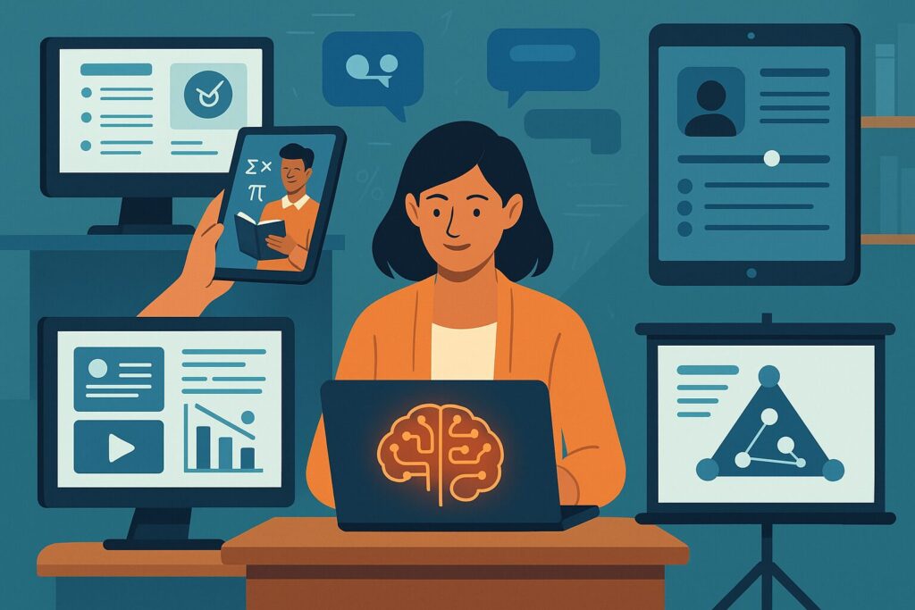 Professora utilizando inteligência artificial em um ambiente digital com vários recursos educacionais.