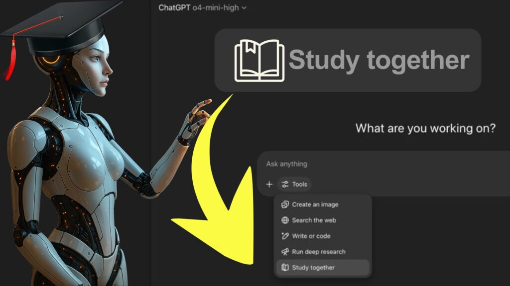 Robô com chapéu de formando aponta para a função "Study Together" no ChatGPT