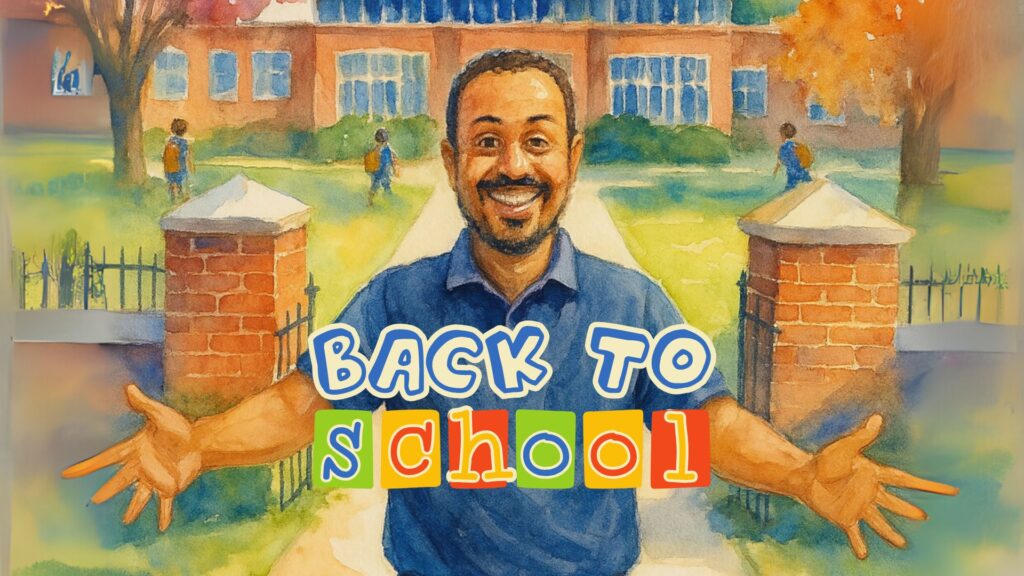 Professor sorridente recebendo os alunos no portão da escola com a frase "Back to School"