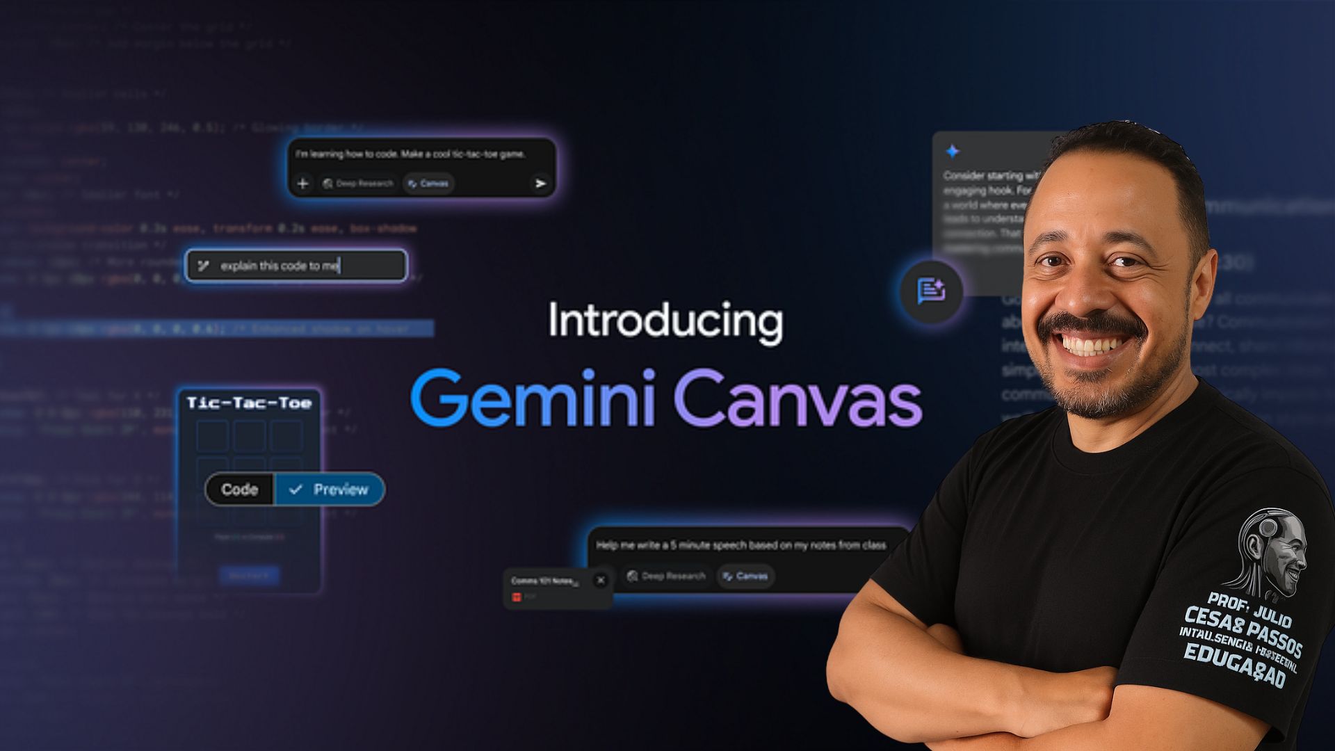 Professor apresentando o Canvas do Gemini em ambiente educacional.