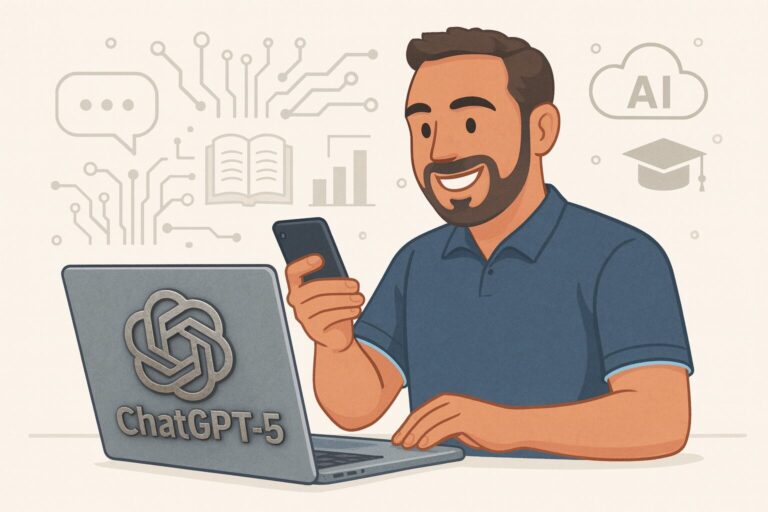 Professor usando ChatGPT-5 no computador e celular
