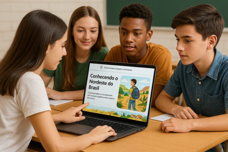 Professor aplicando inteligência artificial em sala de aula de Geografia