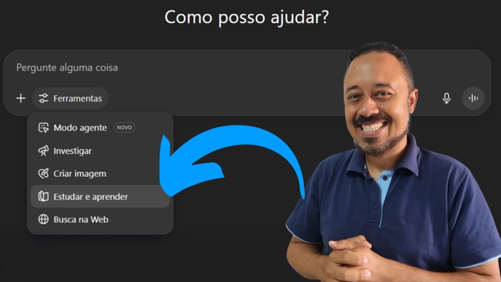 Professor sorridente ao lado da tela do ChatGPT destacando a ferramenta Estudar e Aprender