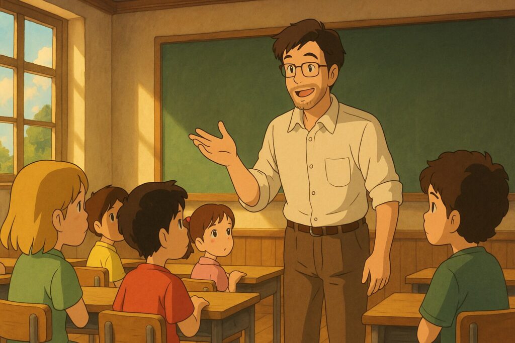Professor em sala de aula explicando com entusiasmo para crianças atentas