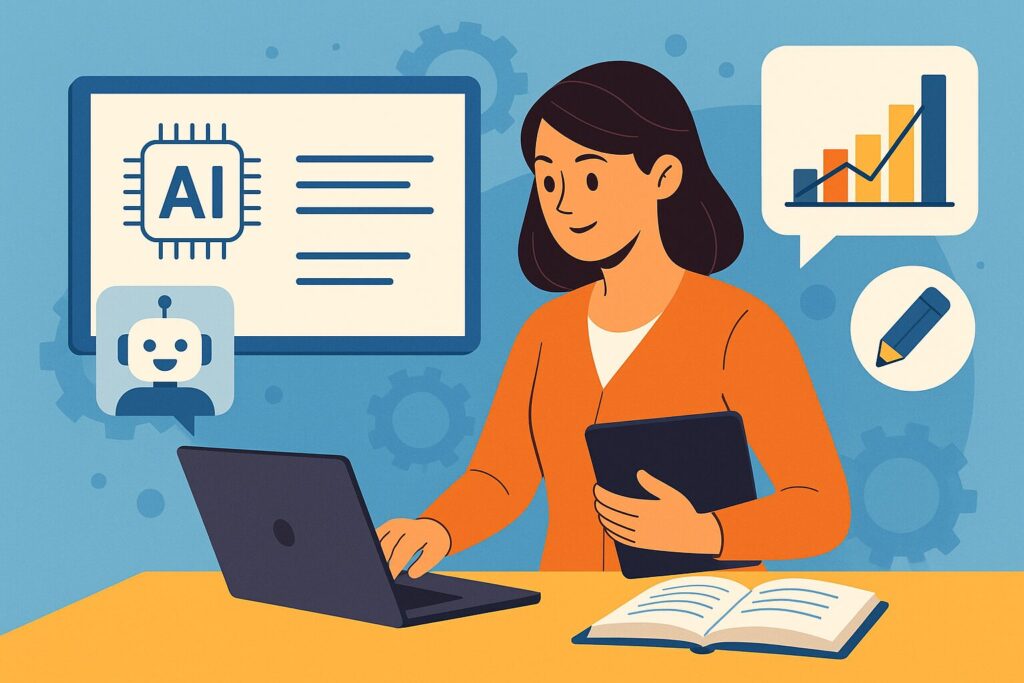 Professora usando IA com notebook, gráficos e robô digital na tela