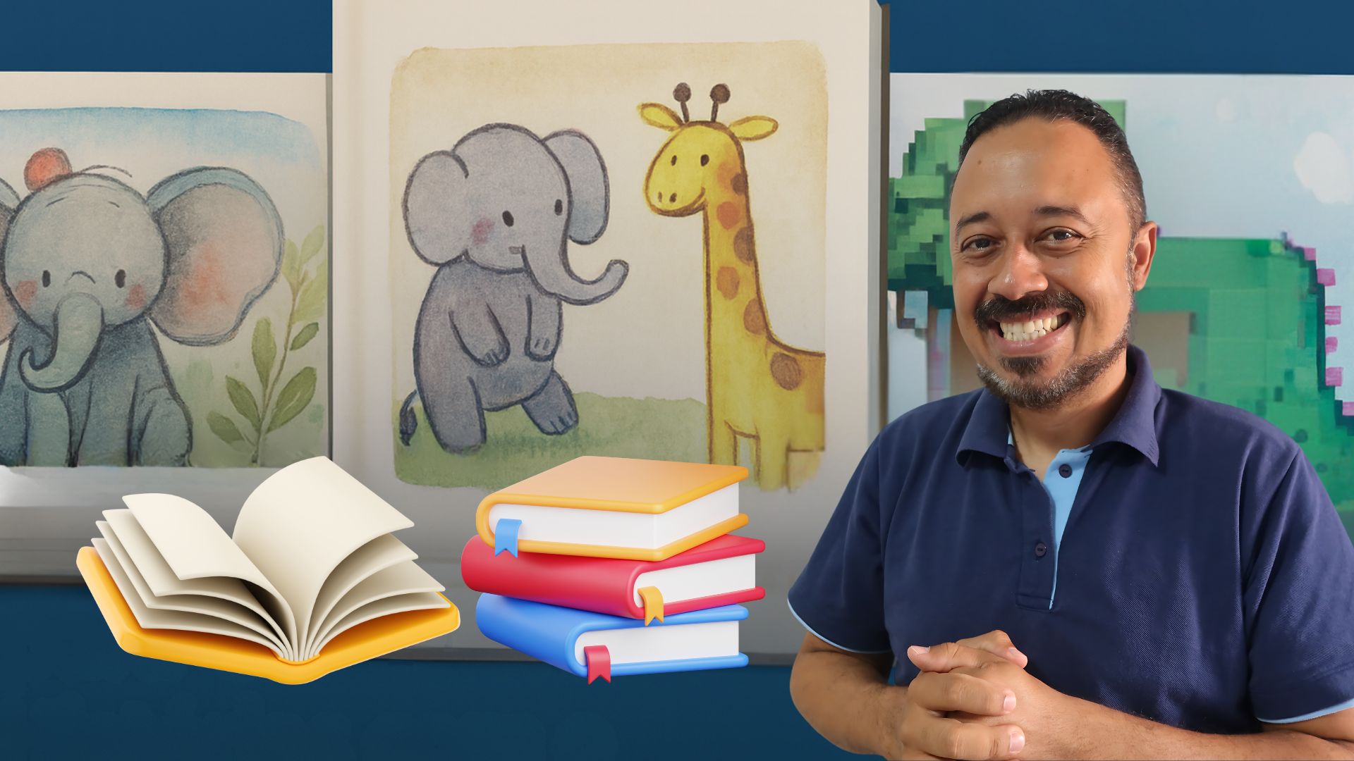 Professor sorrindo com ilustrações infantis e livros, representando o uso do Storybook do Gemini.