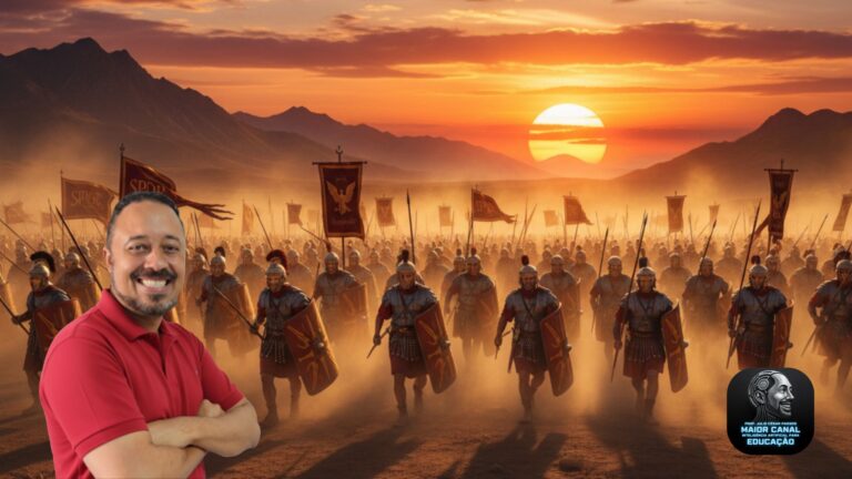 Professor à frente de um exército romano sob o pôr do sol, simbolizando estratégia e liderança.