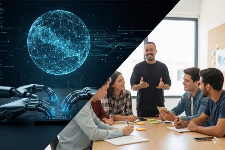 Inteligência artificial e professor trabalhando juntos na educação.