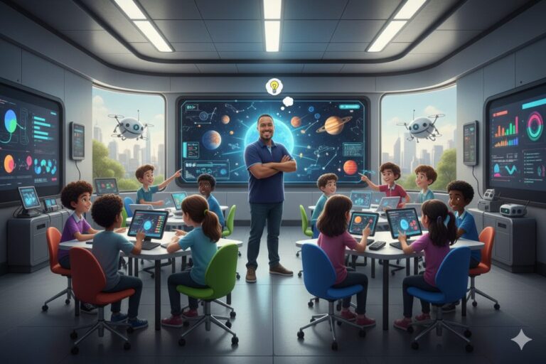 Professor orienta alunos em sala futurista com tablets e telas digitais sobre o sistema solar.
