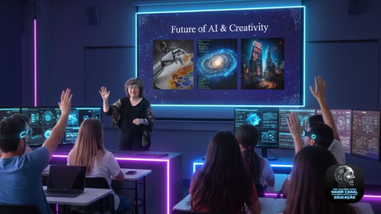 Professora em sala futurista ensinando criatividade e inteligência artificial para alunos