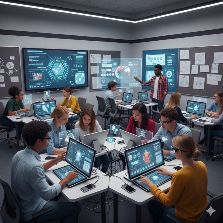 Sala de aula futurista com professor e alunos usando inteligência artificial e telas digitais interativas.