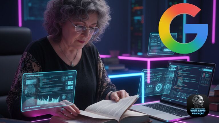 Professora lendo livro com suporte de inteligência artificial e telas holográficas