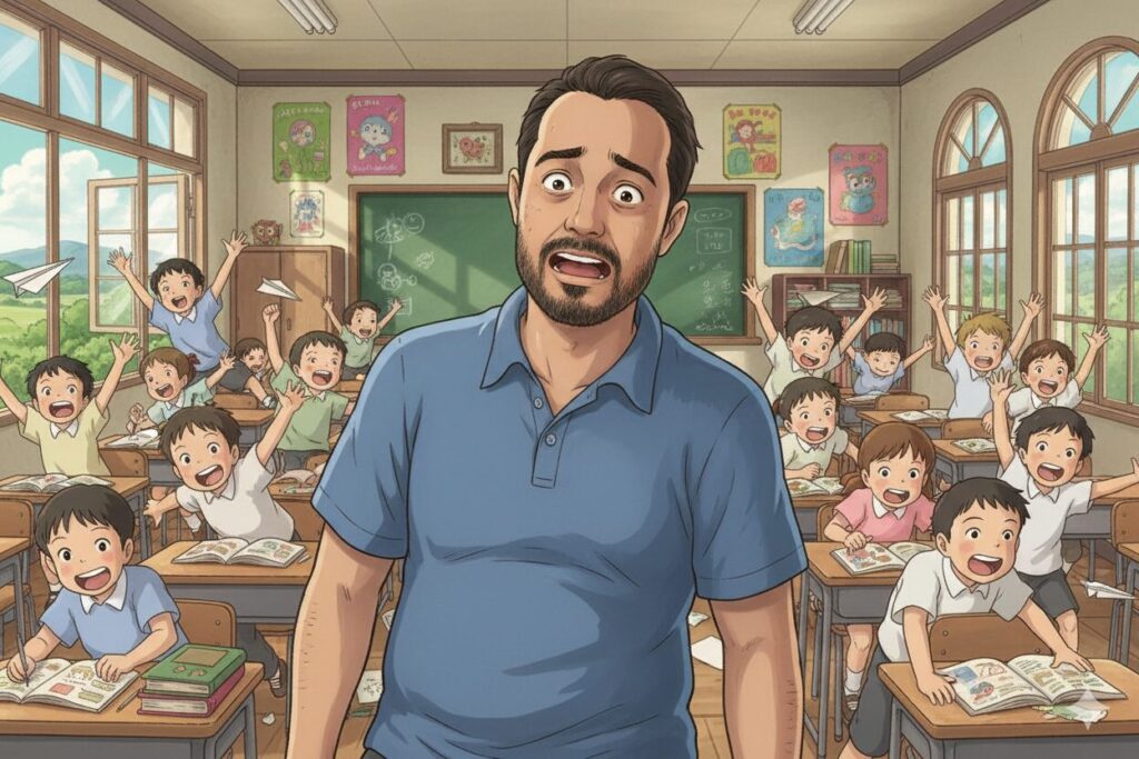 Professor sobrecarregado em sala de aula cheia de alunos